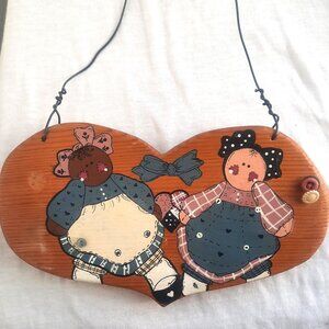 Vintage Handpainted Wooden Heart with DOLLS and Buttons, Country Chic, Cottage,